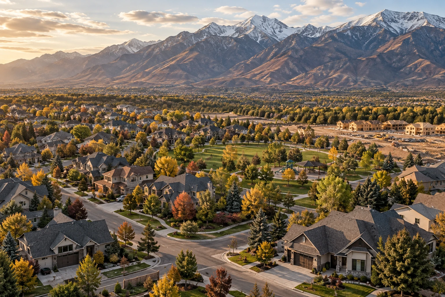 AI-created aerial illustration of a Utah neighborhood with homes, a park, new construction, and the Wasatch mountains